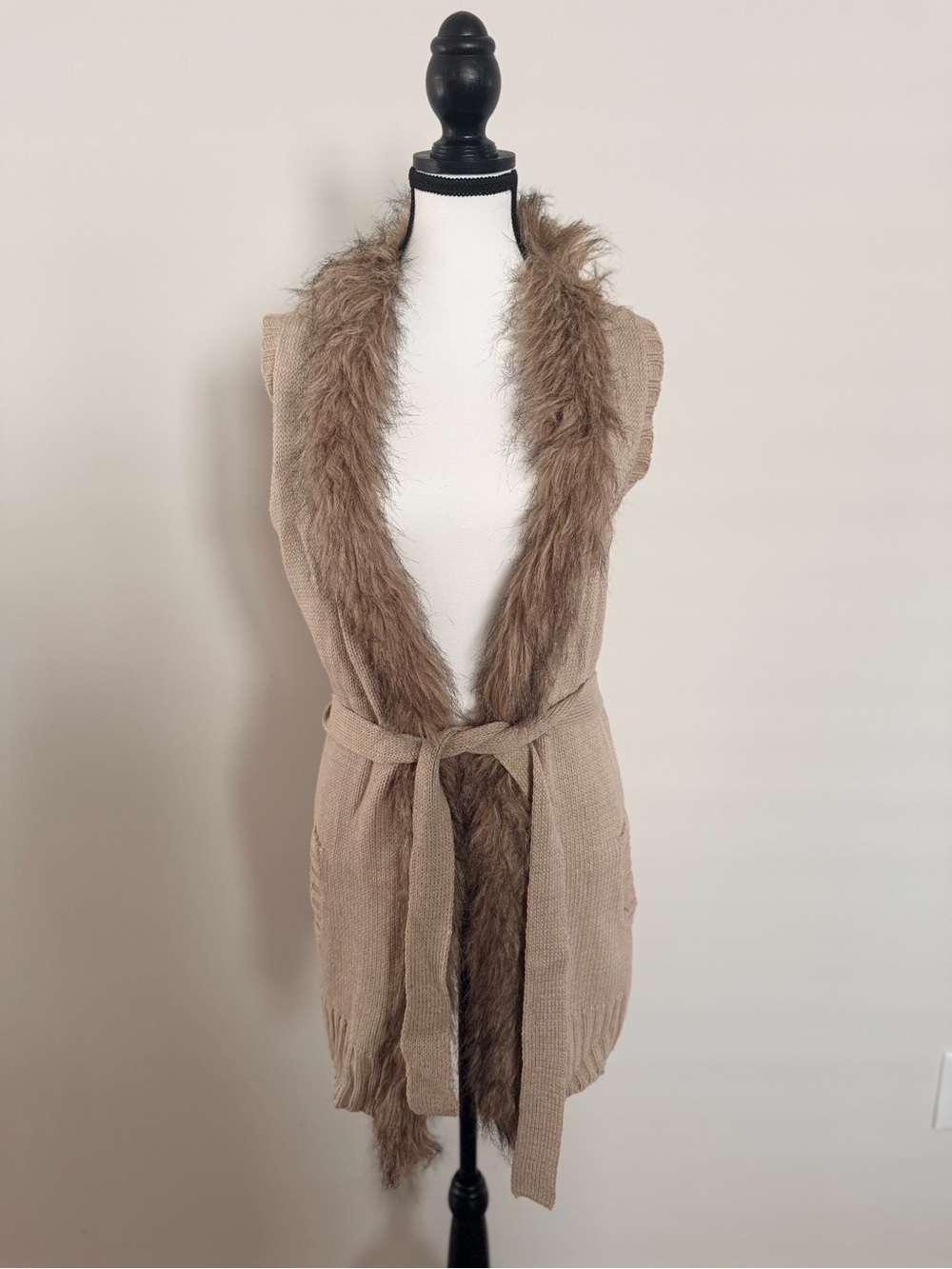 Faux Fur Trim Knit Belted Vest